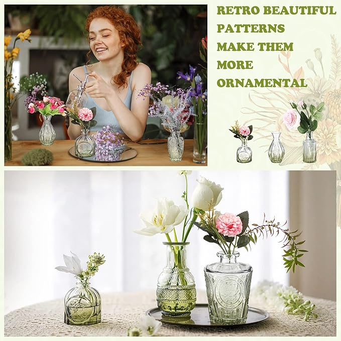 20 Pcs Glass Bud Vase Set Vintage Small Vases for Flowers in Bulk Cute Glass for Centerpieces Rustic Decorative for Wedding Table Home Christmas Decoration (Green)