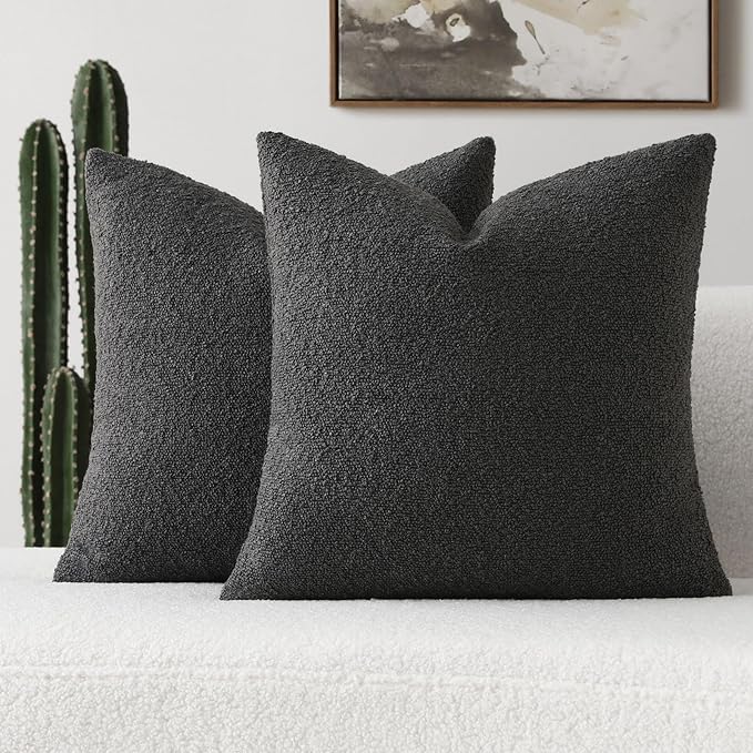 FUTEI Pack of 2 Dark Grey Decorative Throw Pillow Covers 16x16 Inch Soft Cozy Solid Boucle Textured Cushion Case,Modern Home Decor for Couch Bed Living Room