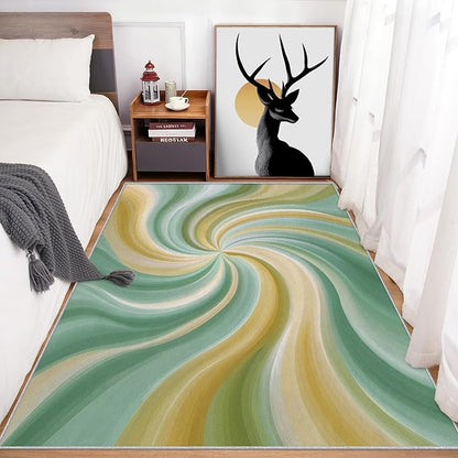 4x5 Yellow Green Swiral Rugs for Bedroom Decor, Washable Modern Abstract Art Pattern Area Rug, Living Room Home Decoration, Non Slip Soft Thin, Trippy Hippie Spiral Decor Carpet PF-P 56