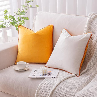 LIGICKY Orange Yellow and Cream White Velvet Throw Pillow Covers 18x18 inch, Set of 2 Modern Double-Sided Design, Soft Square Decorative Cushion Cases with Rope Edging for Home Decor