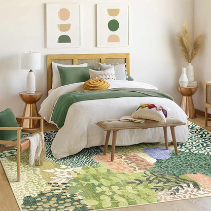 DEXDE 8x10 Area Rug, Soft Washable Abstract Area Rugs Non-Slip Vintage Boho Rug Leaves Floral Print Carpet for Living Room, Bedroom, Entryway, Office, Dining Room, Kids Playroom,Green