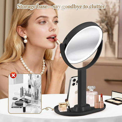Makeup Mirror with Lights, Double Sided 1x/20x Magnifying Mirror with Light, Rechargeable 3 Color Lights and Adjustable Brightness, 360° Rotation Detachable Comes with Tweezer(Black)