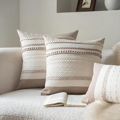 Boho Throw Pillow Covers 20x20 Inch Set of 2, Khaki Textured Decorative Couch Pillow Cases for Farmhouse Home Decor, Accent Cushion Cover for Sofa, Bed, Living Room, Bedroom