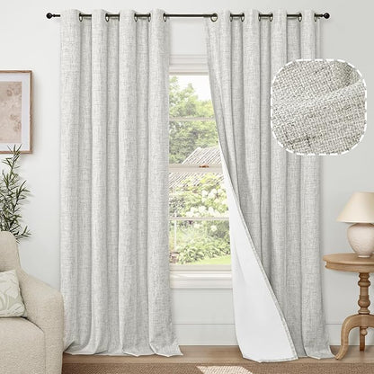 Lajode 100% Blackout Curtains for Living Room 90 Inch Length 2 Panels Set, Thermal Insulated Light Blocking Boho Faux Linen Window Curtains for Bedroom, Bronze Grommet, Each 52" Wide, Light Grey
