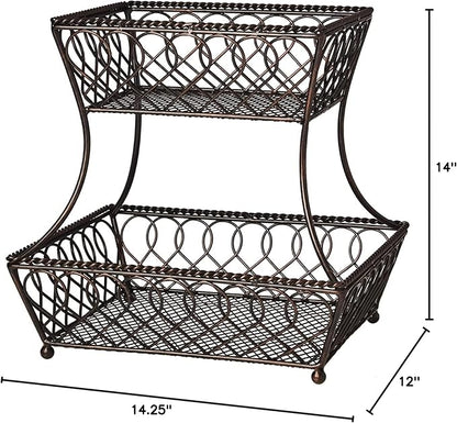 Gourmet Basics by Mikasa 2-Tier Loop and Lattice Countertop Fruit Basket, Round Metal Storage for Kitchen or Dining Table, 14 Inch, Antique Black