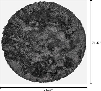 Luxe Gordon Faux Fur Rug with Soft and Fluffy Pile | Machine Washable Living Room Rug with Anti-Slip Backing | Cruelty-Free Area Rugs for Office or Bedroom, Grey, 6 ft Dia.