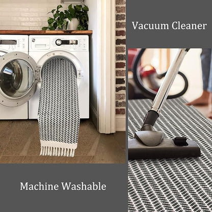 Lahome Boho Hallway Runner Rug, 2x7 Kitchen Runners Rug Washable Bath Rugs for Bathroom Woven Cotton with Tassels, Farmhouse Carpet Non Shedding Grey Rugs for Bedroom Laundry
