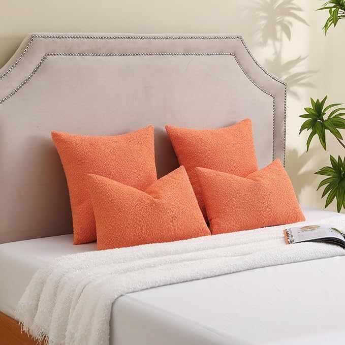 FUTEI Pack of 2 Orange Decorative Throw Pillow Covers 16x16 Inch Soft Cozy Solid Boucle Textured Cushion Case,Modern Home Decor for Couch Bed Living Room