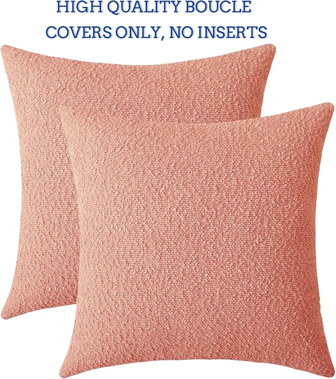 Jeneoo Coral Pink Decorative Square Thick Throw Pillow Covers Fine Textured Boucle Couch Cushion Cases for Sofa Decor, Set of 2, 18 x 18 Inch