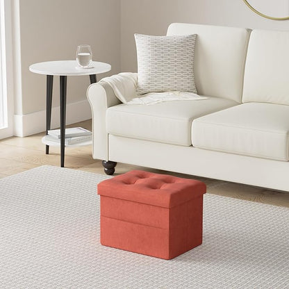 LINMAGCO Storage Ottoman Folding Foot Stool Foot Rest with Side Pocket Modern Ottoman with Storage Short Sofa Stool Linen Cloth 17x13x13(Orange)