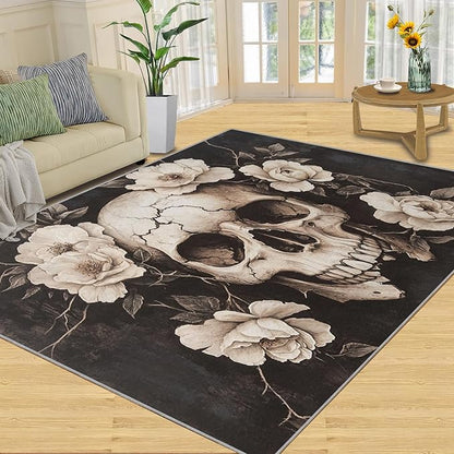 Skull Washable Rugs 2x3 Rug for Living Room, Floral 2x3 Rug Gothic Low-Pile Carpet for Bedroom Dining Non Slip Mat with Rubber Back