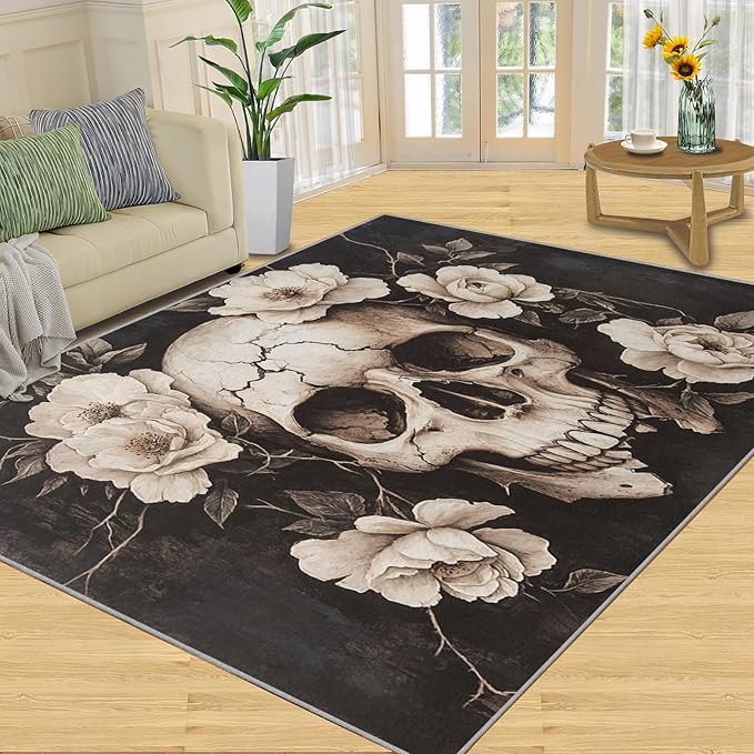 Skull Washable Rugs 5x6 Rug for Living Room, Floral 5x6 Rug Gothic Low-Pile Carpet for Bedroom Dining Non Slip Mat with Rubber Back