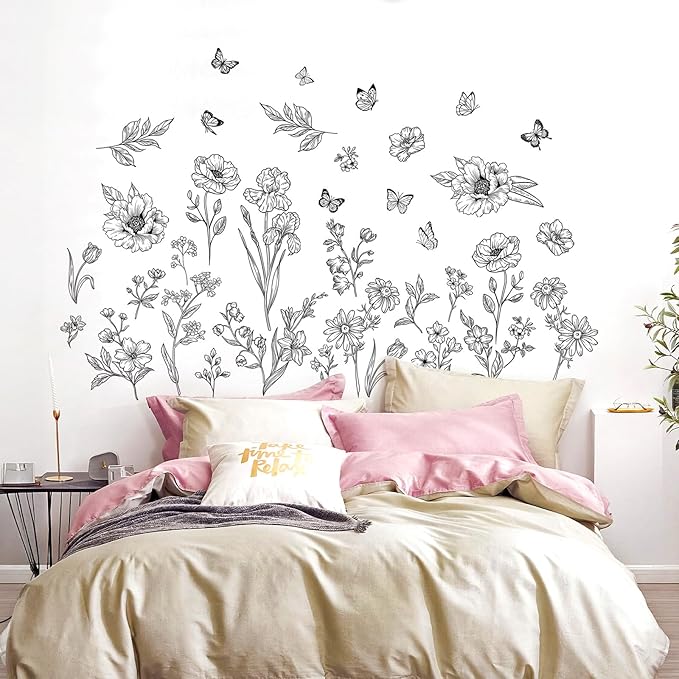 Boho Black Flower Wall Decals Wildflower Butterfly Simple Sketch Wall Stickers Removable Wall Art Decor for Living Room Bedroom