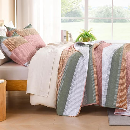 Litanika King Size Quilt Set Pink, Green and White, Orange Stripe Patchwork Summer Bedspread Coverlet 3 Pieces, Soft Lightweight Microfiber Quilt Bedding Set for All Season(1 Quilt, 2 Pillowcases)