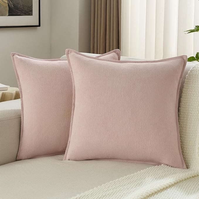 FUTEI Pink Chenille Throw Pillow Covers 22x22 Inch Set of 2,Edges Double-Stitched Cushion Cases,Modern Home Decor for Couch Living Room