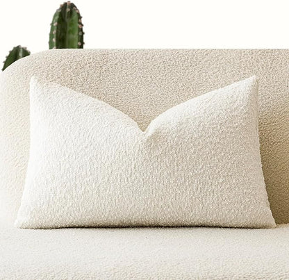 Foindtower Textured Boucle Throw Pillow Covers Accent Solid Lumbar Pillow Cases Cozy Soft Decorative Couch Cushion Case for Chair Sofa Bedroom Living Room Home Decor, 12 x 20 Inch,White