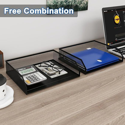 Natwind 2-Tier Stackable Paper Tray, Metal Mesh Desktop Organizer, A4 Paper Sorter, Letter Trays,File Folder Sorter Organizer with Sliding Tray for Home, Office, School (Black)