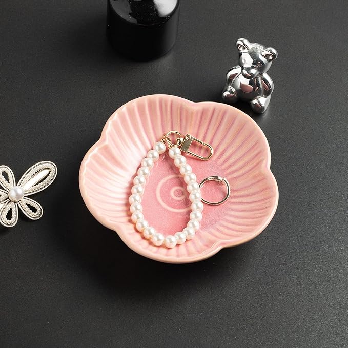 Flower Shape Ring Tray, Key Bowl, Ceramic Trinket Tray Decorative Jewelry Dish for Rings Necklace Earring Key Watch, Home Decoration for Friend Sister Mom