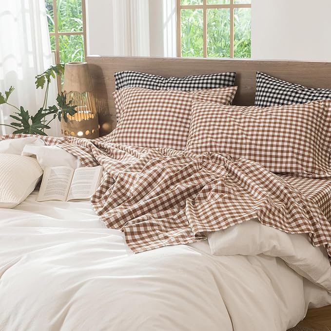MooMee Gingham Sheet Set 100% Washed Cotton Linen Like Textured Breathable Soft w/Fully Elasticized 16-19" Deep Pocket (Classic Gingham Dark Orange, King)