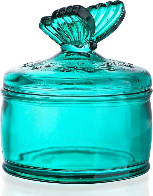 kanpura Green Embossed Glass Jar with Lid,Crystal Glass Candy Dish,Candy Jars Jewelry Box for Christmas Party Buffet, 3.5 oz