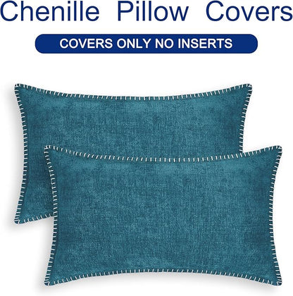 CaliTime Throw Pillow Covers Decorative 12 X 20 Inches Pack of 2 Cotton Thread Stitching Edges Solid Dyed Soft Chenille Cushion Cases for Couch Sofa Bed Living Room Farmhouse Ocean Blue