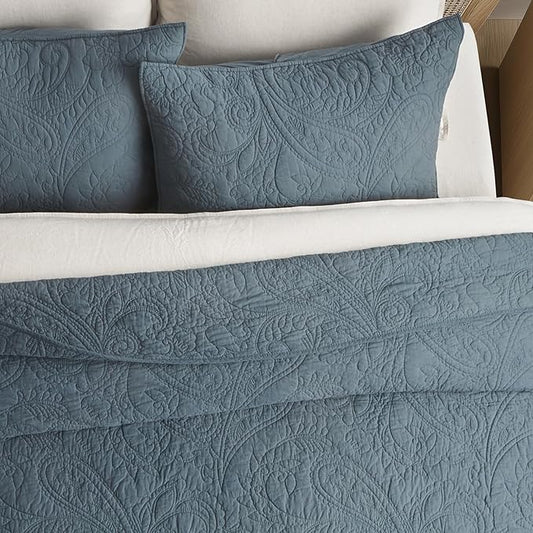 EVERGRACE 100% Cotton Paisley Quilt Set, King Size 3 Piece Set – Prewashed Lightweight Bedspread with 2 Shams, Soft & Breathable Matelasse Coverlet for All-Season Comfort, Stormy Blue