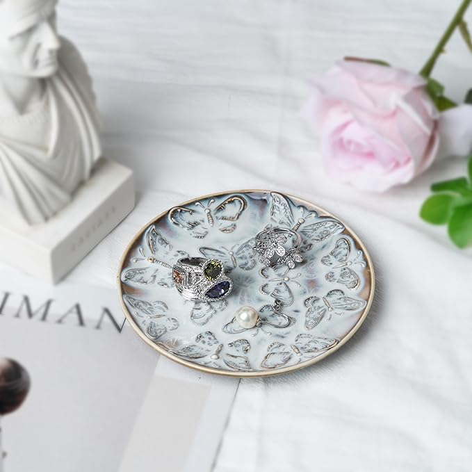 Ceramic Jewelry Dish, Decorative Tray for Rings Earrings Necklaces Bracelet Watch Keys, 4.50" Trinket Tray as Gifts for Women (Reactive Butterflies)