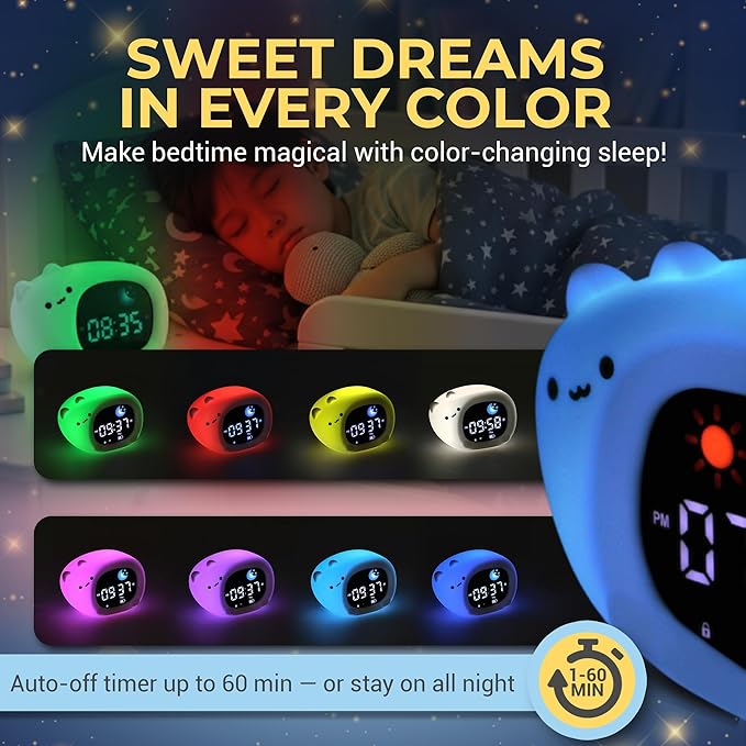 App-Controlled Kids Sleep Trainer - Color-Changing Night Light Alarm Clock with Sounds, OK-to-Wake Toddler Clock, USB-C Corded with Backup Battery, Gift for Boys & Girls - Cat Alarm Clock for Kids