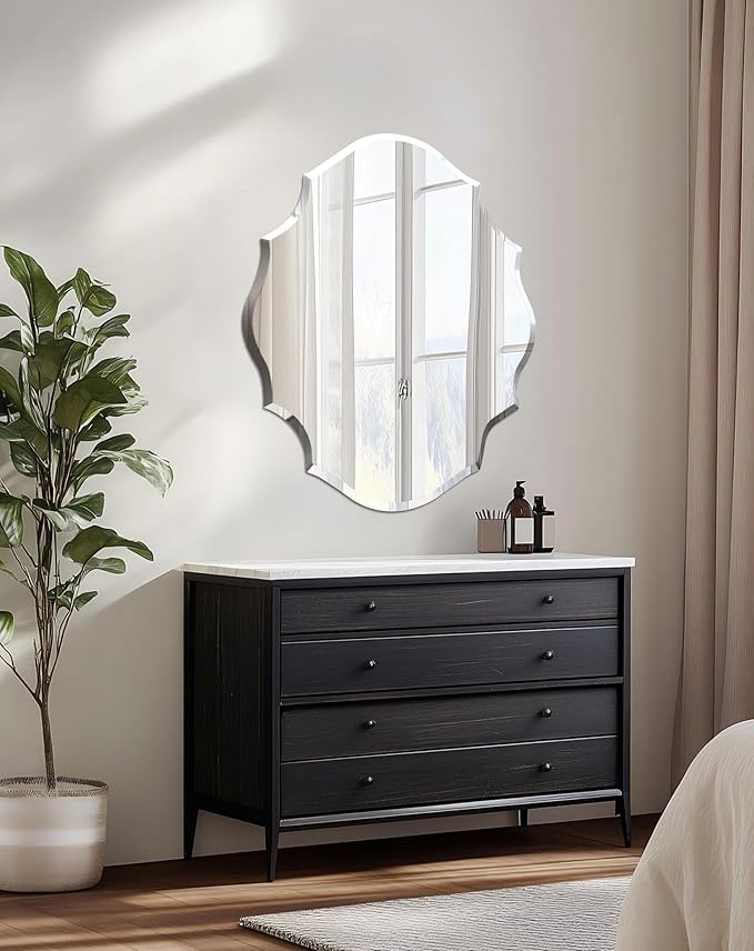 Frameless Scalloped Wall Mirror: Decorative Scallop Oval Mirrored Glass Vanity with Beveled Silver Edge for Bathroom Bedroom Livingroom Dining Room Entryway Hallway, 32 x 25 inch