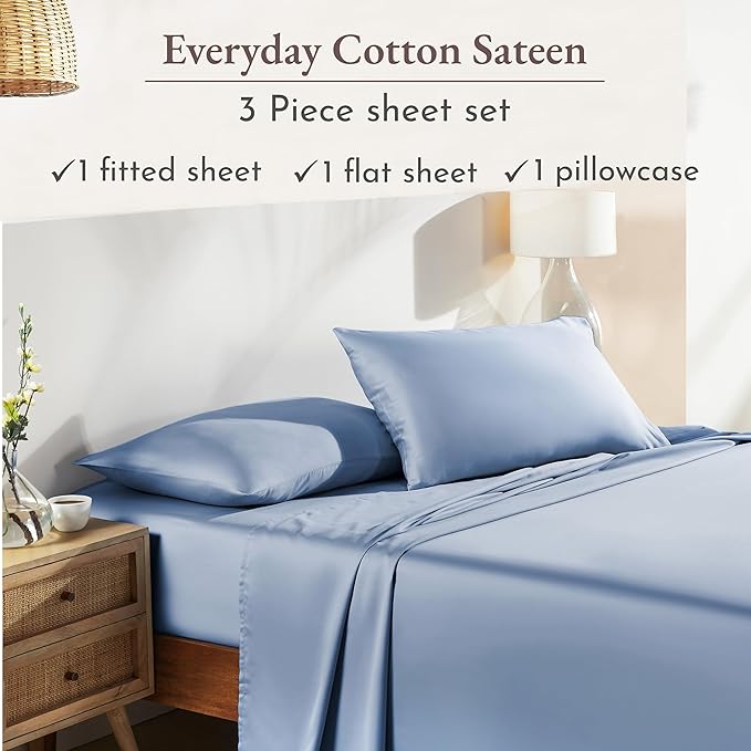 California Design Den Natural 100% Cotton Sheets Twin XL Size Set - Soft Sateen Twin XL Sheet Sets, Deep Pockets, Breathable and Durable Bedding for Dorm Rooms, College (Blue Hydrangea)