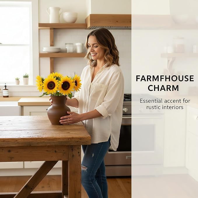 6.3IN Rustic Wide Mouth Ceramic Flower Vase Home Decor,Handmade Vintage Stoneware Clay Pottery Terracotta Textured for Modern Farmhouse, Living Room, Office Desk Table Shelf(Dark Brown)