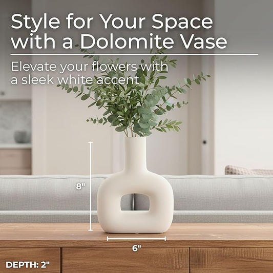 Sagebrook Home Modern Stoneware Vase - Decorative Dolomite Flower Holder - Minimalist Home & Office Accent - Stylish Tabletop Centerpiece for Living Room, Bedroom & Desk Decor - 8" White