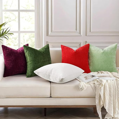 decorUhome Chenille Sage Green Spring Throw Pillow Covers 16x16 Inch Set of 2, Decorative Soft Couch Pillow Covers Solid Dyed Accent Farmhouse Neutral Square Pillow Cases for Sofa