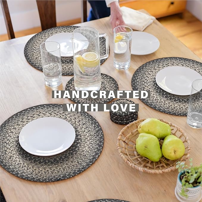 Homespice Flint Hill Round Braided Placemats, Warm Primitive Decor, Set of 2, 15", Grey Jute Table Mats - Vibrant Colors, Durable, Easy to Clean and Protects Furniture
