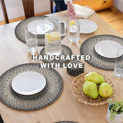 Homespice Flint Hill Jute Woven Round Placemats Set of 6, 15", Warm Primitive Decor, Grey Table Mats - Vibrant Colors, Durable, Easy to Clean and Protects Furniture
