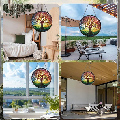 Rngmsi Tree of Life Sun Catchers Stain Glass Window Hanging Indoor, 7.8″ Stained Glass Window Hanging Home Decor, Suncatcher Wall Art Gift for Women Thanksgiving Christmas Housewarming