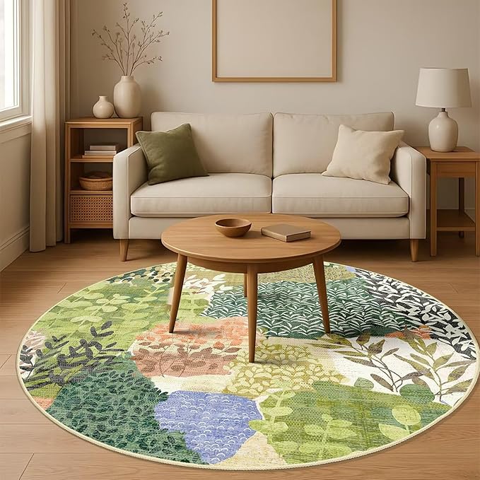 DEXDE Round Rug 6ft Washable Circle Area Rugs Non Slip Low Pile Boho Floral Large Circular Carpet for Bedroom Bathroom Entryway Kids Room Office Dining Room,Green