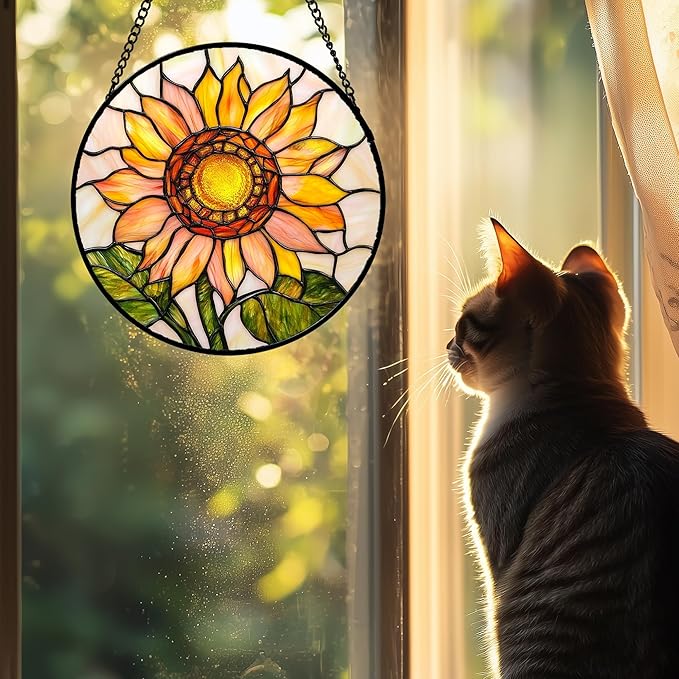 Stained Glass Window Hanging 4 Pcs Set Lily Rose Sunflower Poppy 9.8" - Flower Suncatcher Door Garden Sun Catcher Decor Birthday Mother's Day for Wife Woman Nana Girl