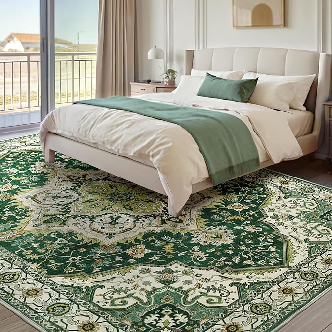 Area Rugs for Living Room 6x9 - Machine Washable Vintage Oriental Soft Rug, Low Pile Thin Floor Carpet with Non Slip Backing for Bedroom, Dorm, Under Dining Room Table, Indoor House, Office Decor