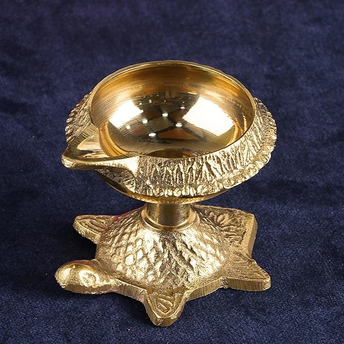 SATVIK 1 Pc Brass Kuber Turtle Diya for Diwali Decoration Handmade Oil Lamp with Golden Engraved Virgin Brass Metal Diwali Diya Vilakku