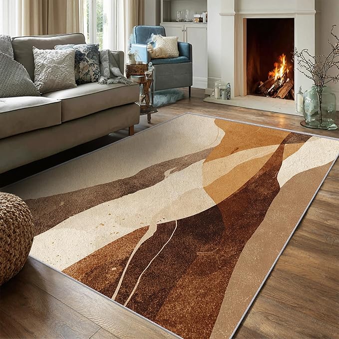 Boho Rug, 6x8 Area Rugs Abstract Rustic Textured Brown Pattern for Living Room, Bedroom, Boho Home Decor Accessories Indoor Carpet, Non Slip & Machine Washable