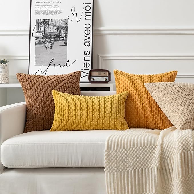 Kevin Textile Throw Pillow Covers Soft Corduroy Decorative Set of 2 Boho Striped Pillow Covers Pillowcases Farmhouse Home Decor for Couch Bed Sofa Living Room 24x24 Inch Golden Yellow
