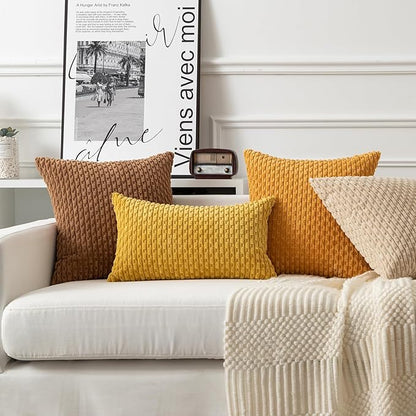 Kevin Textile Throw Pillow Covers Soft Corduroy Decorative Set of 2 Boho Striped Pillow Covers Pillowcases Farmhouse Home Decor for Couch Bed Sofa Living Room 18x18 Inch Golden Yellow