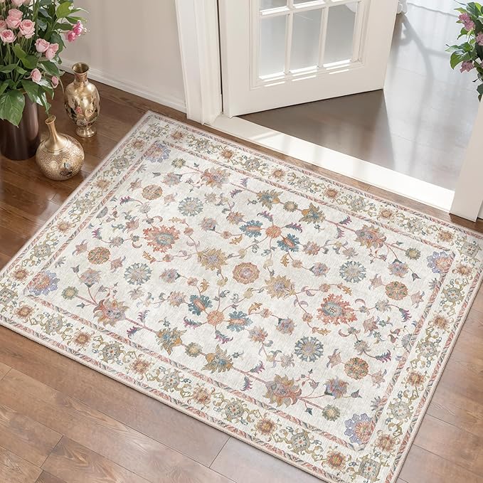 Tangsoo 2x4 Washable Rug for Entryway, Vintage Floral Entry Rug Non Slip, Indoor Front Door Small Rugs, Door Mat Carpet, Soft Low Pile for Entrance Kitchen Bedroom Bathroom