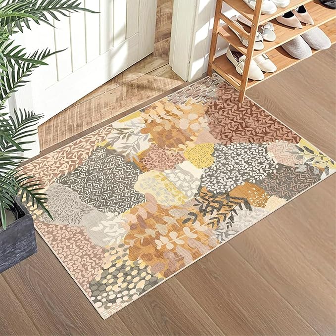 DEXDE 2x3 Area Rug Fall Tropical Small Rugs Entryway Doormat, Indoor Forest Washable Non-Slip Abstract Colorful Leaves Floral Floor Carpet for Living Room, Bedroom, Office, Kids Playroom,Camel