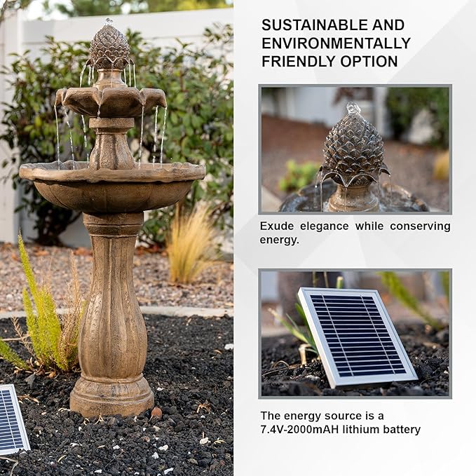XBrand 44" H Fiberglass/Resin 2-Tier Outdoor Water Fountain with Solar Panel & Auto-Shut Off Pump, Tall Garden Birdbath Fountain