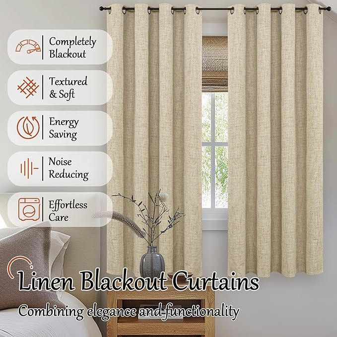 Lajode Faux 100% Blackout Curtains for Bedroom 63 Inch Length 2 Panels, Thermal Insulated Total Light Blocking Noise Reducing Linen Window Curtains for Nursery, Bronze Grommet, Each 52" Wide, Burlap