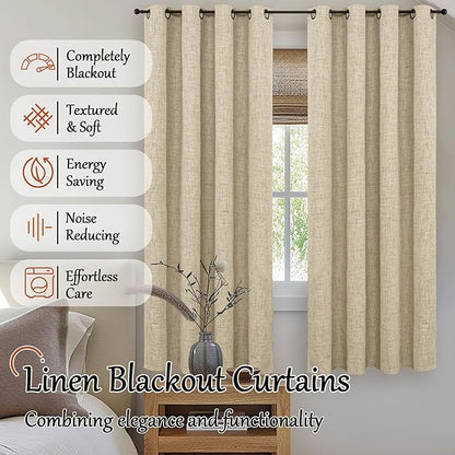 Lajode Faux 100% Blackout Curtains for Bedroom 63 Inch Length 2 Panels, Thermal Insulated Total Light Blocking Noise Reducing Linen Window Curtains for Nursery, Bronze Grommet, Each 52" Wide, Burlap