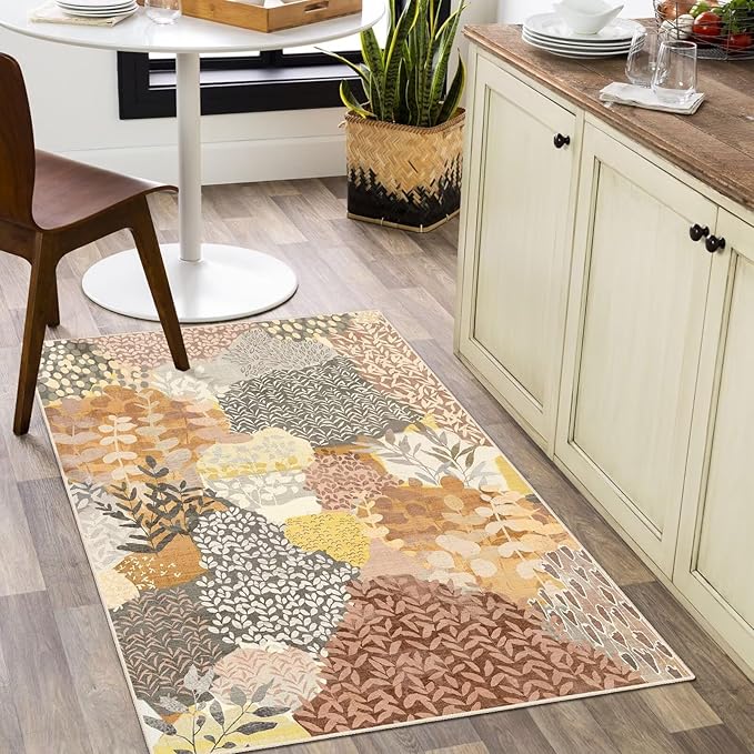 DEXDE 2x3 Area Rug Fall Tropical Small Rugs Entryway Doormat, Indoor Forest Washable Non-Slip Abstract Colorful Leaves Floral Floor Carpet for Living Room, Bedroom, Office, Kids Playroom,Camel
