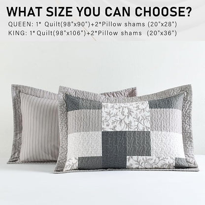 PERHOM King Size Quilt Set, 3 Pieces 100% Cotton King Quilted Comforter Set with 2 Pillow Shams, Farmhouse Plaid Botanical Pattern, Lightweight Reversible Coverlet Bedspread, Charcoal/Khaki/Beige